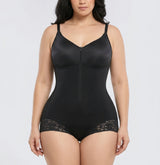 Black hourglass full-body brief bodysuit, front view — REF15 Black