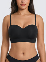 Black stay-put strapless bra, front view — REF33 Black