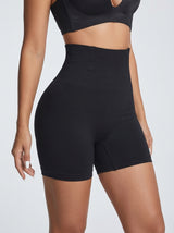 Black high-waisted butt enhancer padded shaping shorts, front view — REF34 Black