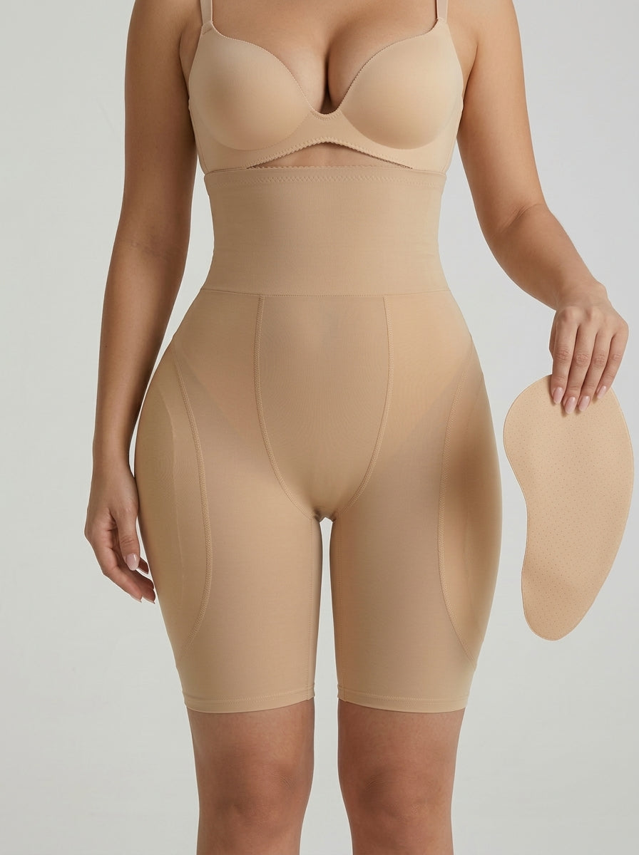 Beige hip enhancer shaping shorts with removable hip pad detail — REF36 Beige