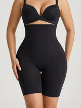 Black high-waisted hip enhancer shaping shorts, front view — REF36 Black