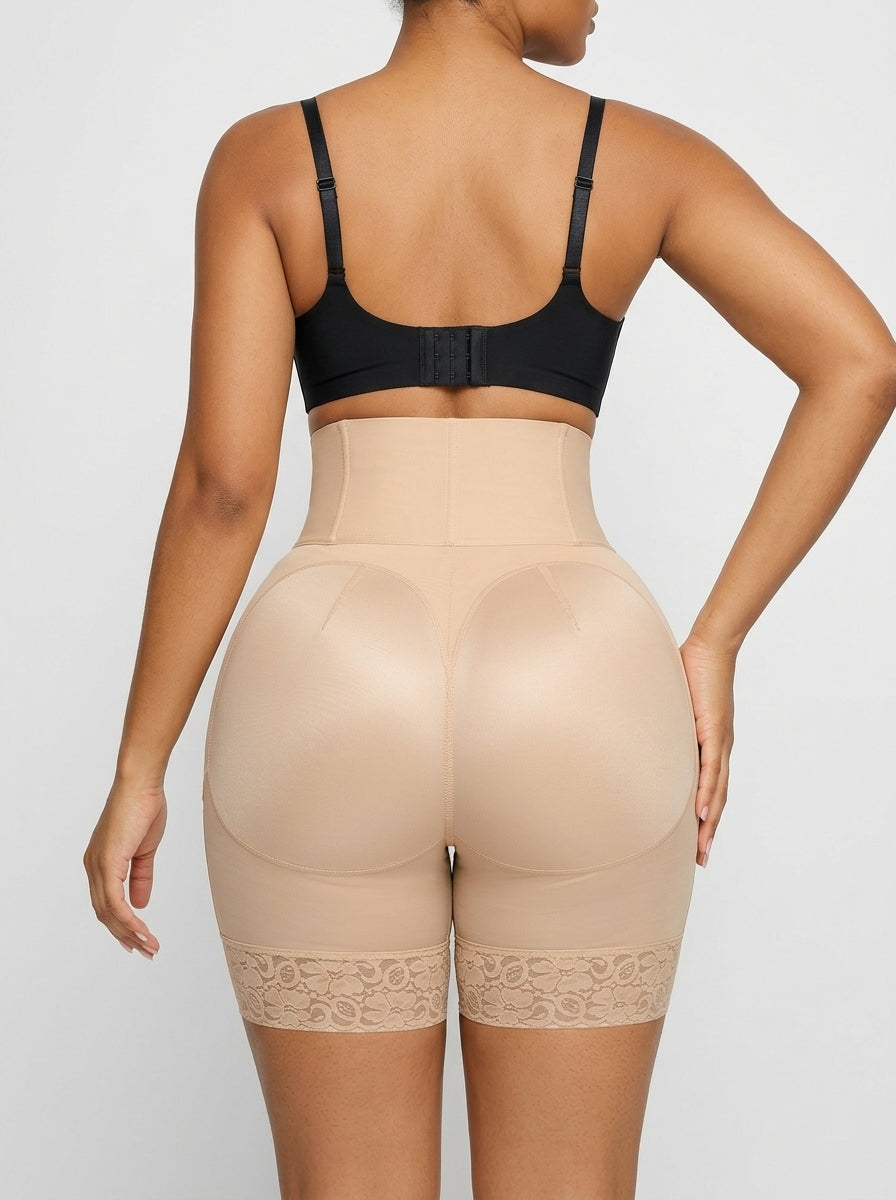 Beige boned sculpt high-waisted short, back view — REF46 Beige