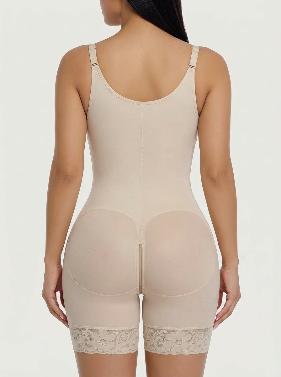 Beige full coverage shaping bodysuit, back view with lace hem — REF48 Beige