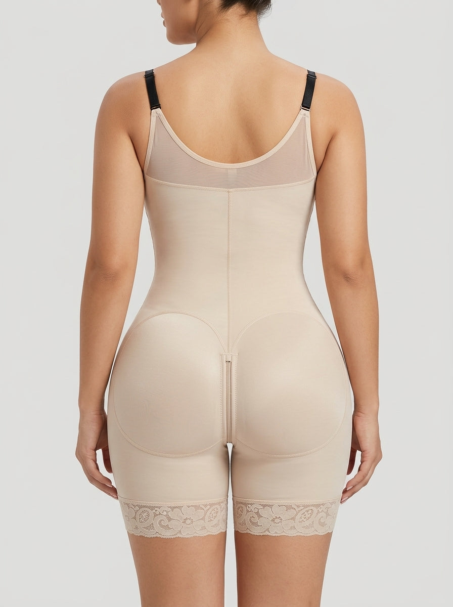 Beige hourglass full-body mid-thigh bodysuit, back view — REF5 Beige