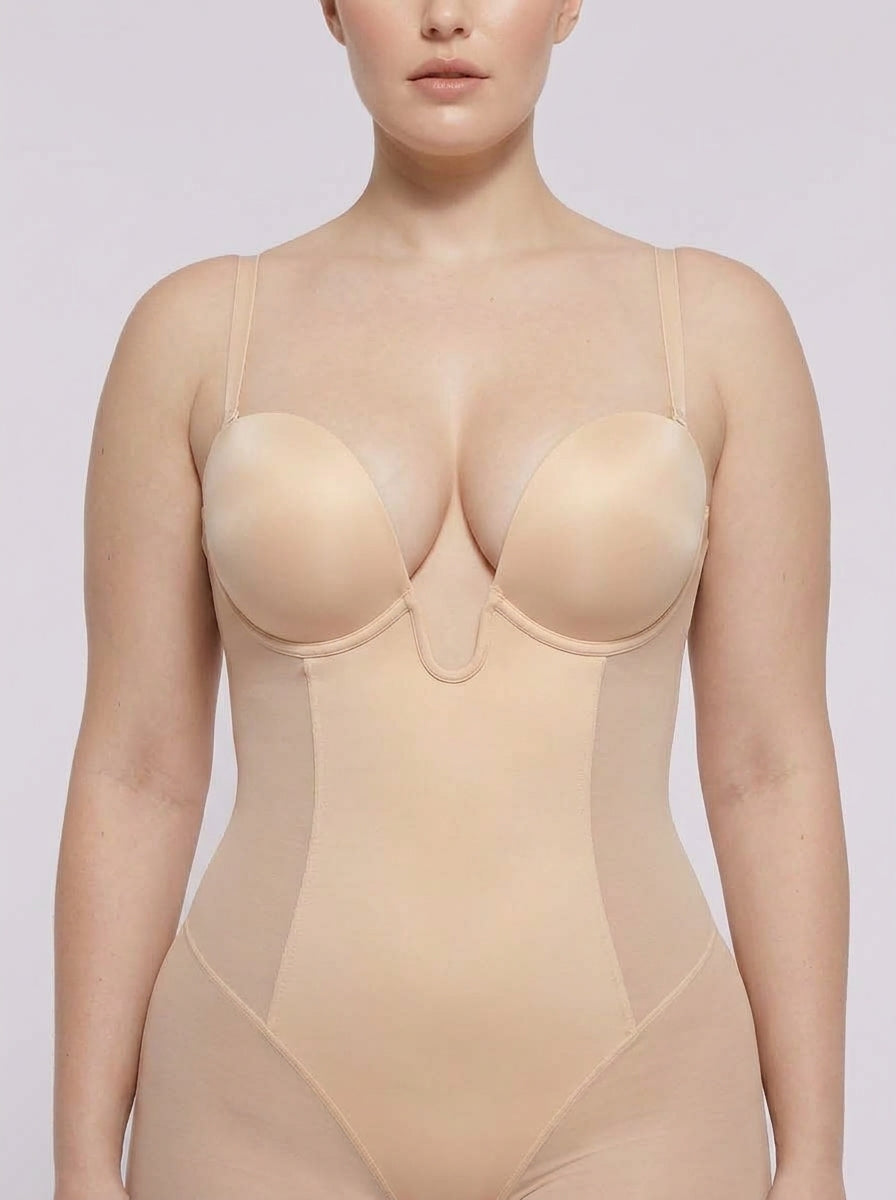 Beige deep plunge shaping bodysuit, bust and neckline close-up — REF57 Beige