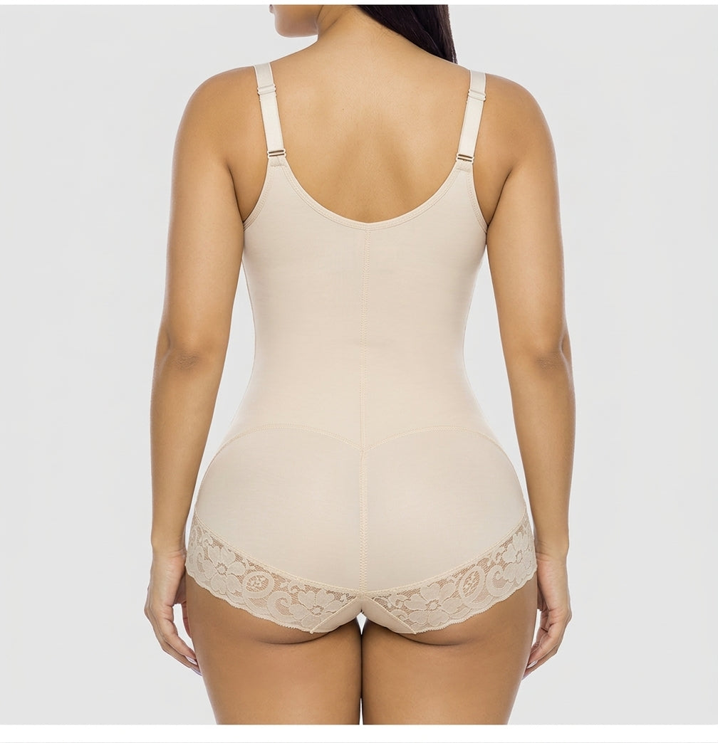 Beige hourglass full-body brief bodysuit, back view — REF15 Beige