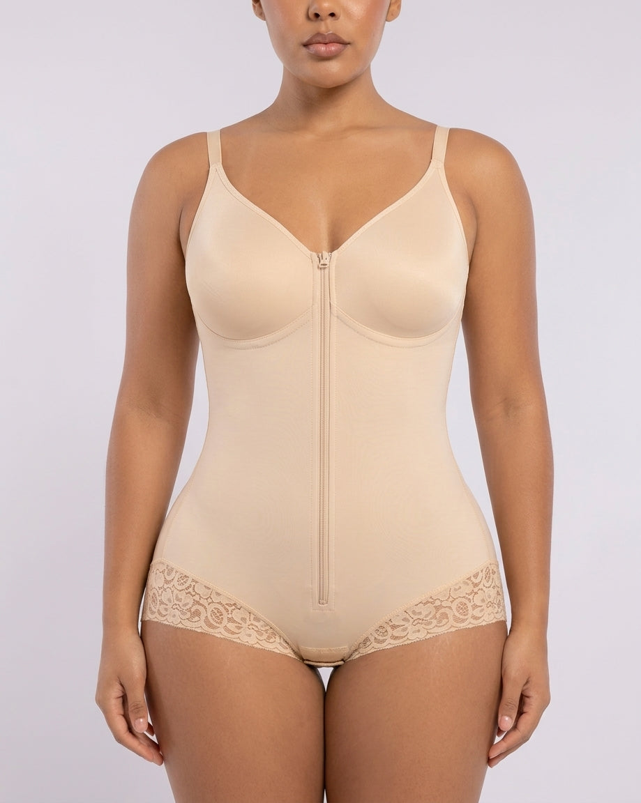 Beige hourglass full-body brief bodysuit, front view — REF15 Beige
