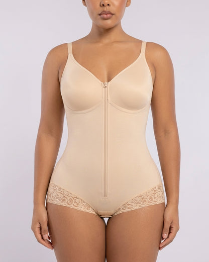 Beige hourglass full-body brief bodysuit, front view — REF15 Beige