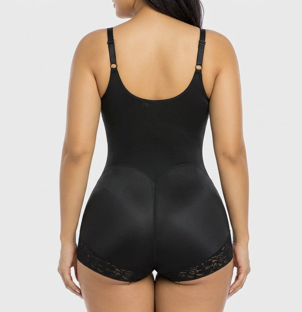 Black hourglass full-body brief bodysuit, back view — REF15 Black