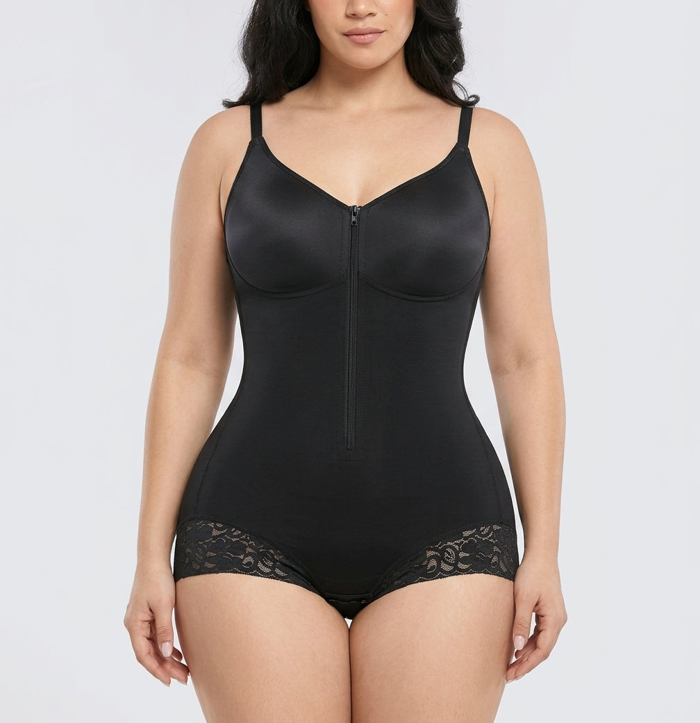 Black hourglass full-body brief bodysuit, front view — REF15 Black