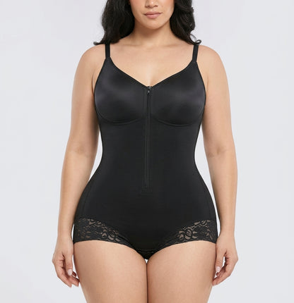 Black hourglass full-body brief bodysuit, front view — REF15 Black