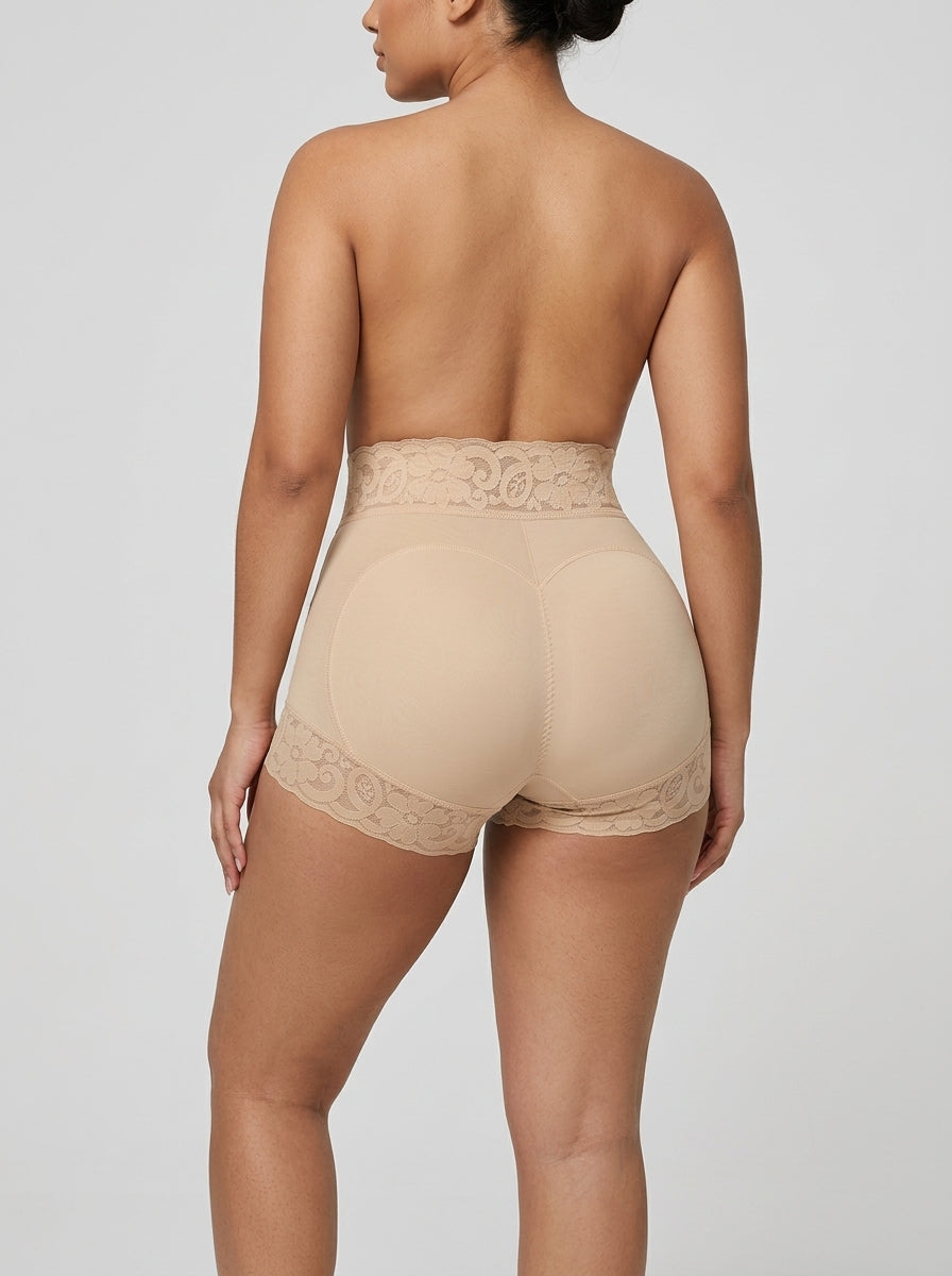 Beige high-waisted sheer lace brief, back view — REF17 Beige