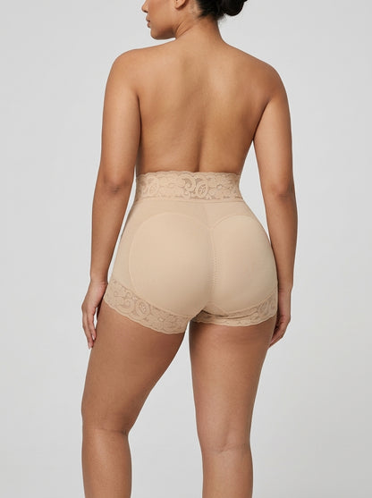 Beige high-waisted sheer lace brief, back view — REF17 Beige