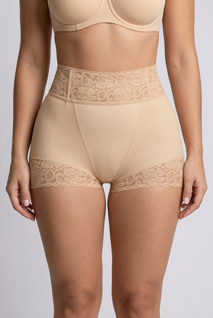 Beige high-waisted sheer lace brief, front view — REF17 Beige