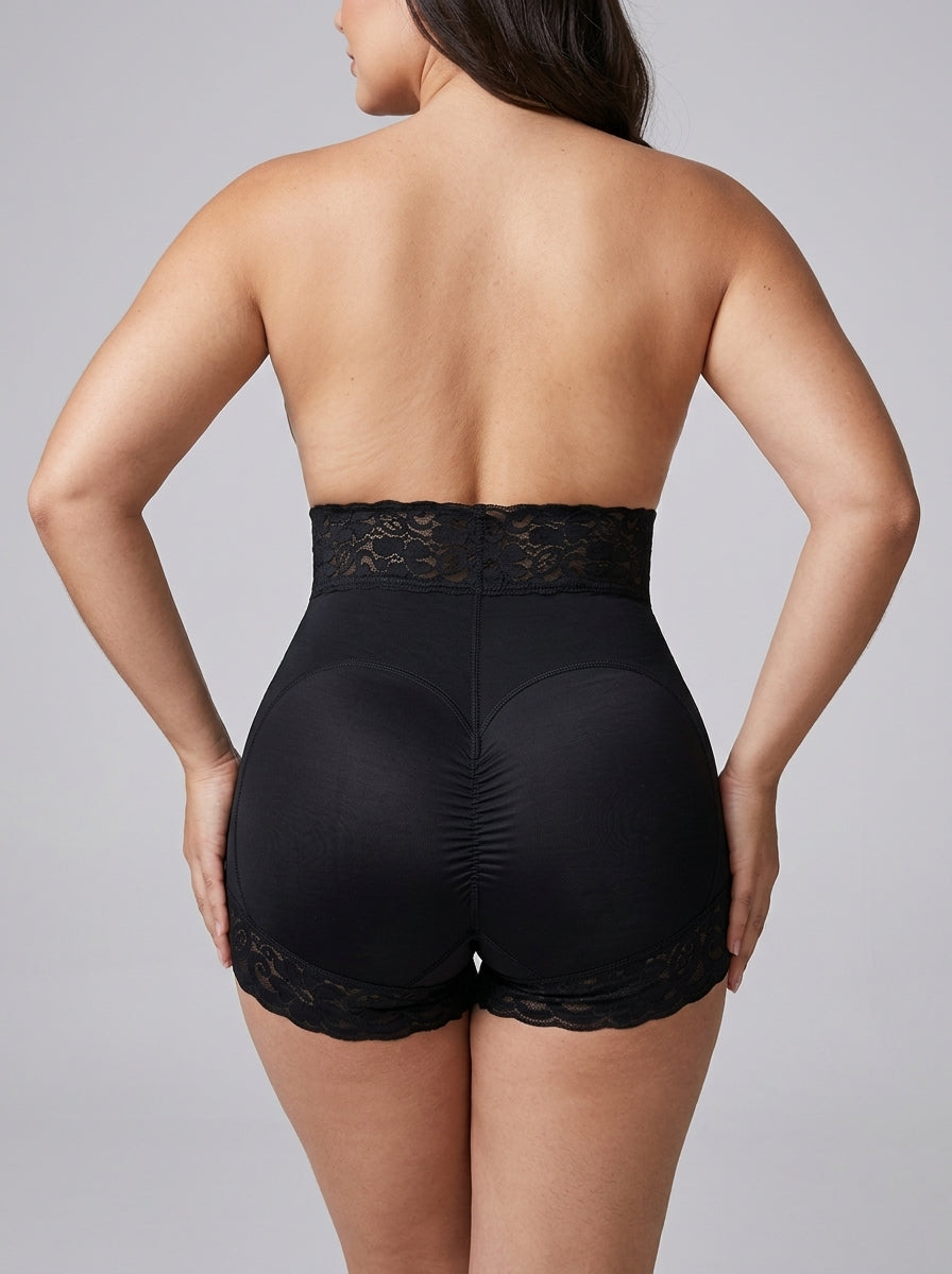 Black high-waisted sheer lace brief, back view — REF17 Black