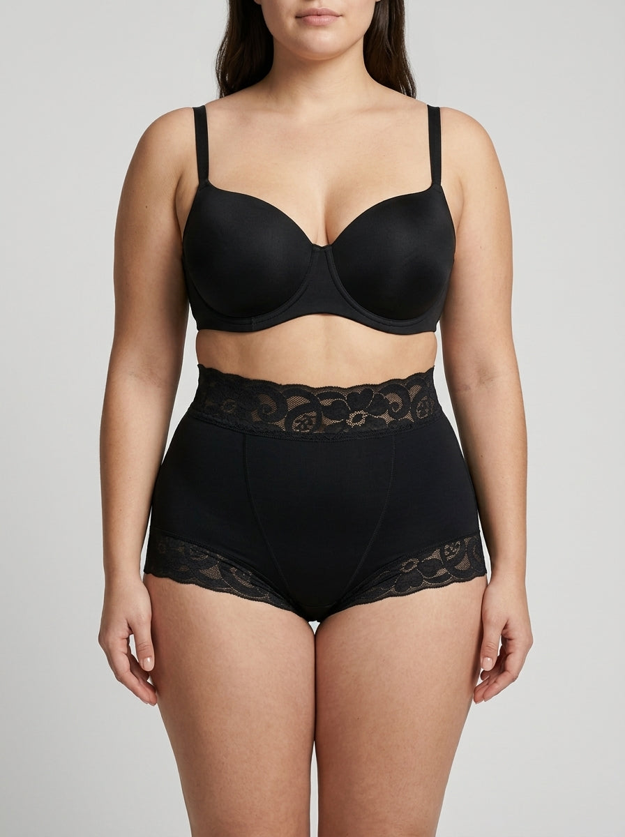 Black high-waisted sheer lace brief, front view — REF17 Black