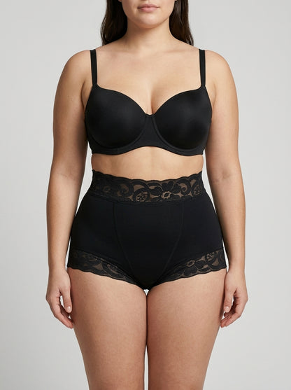 Black high-waisted sheer lace brief, front view — REF17 Black