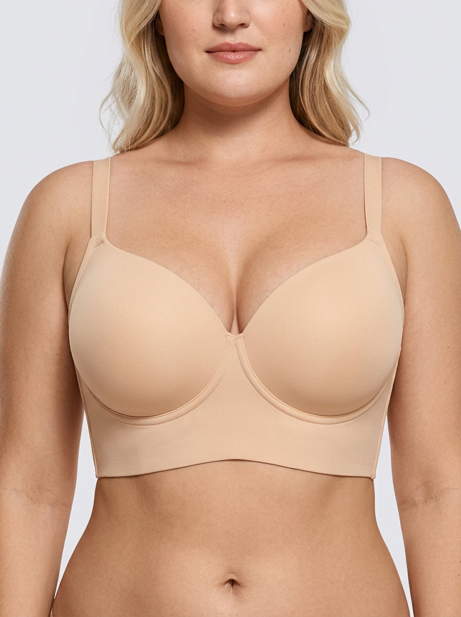 Beige back smoothing underwire push-up bra, front view — REF2 Beige
