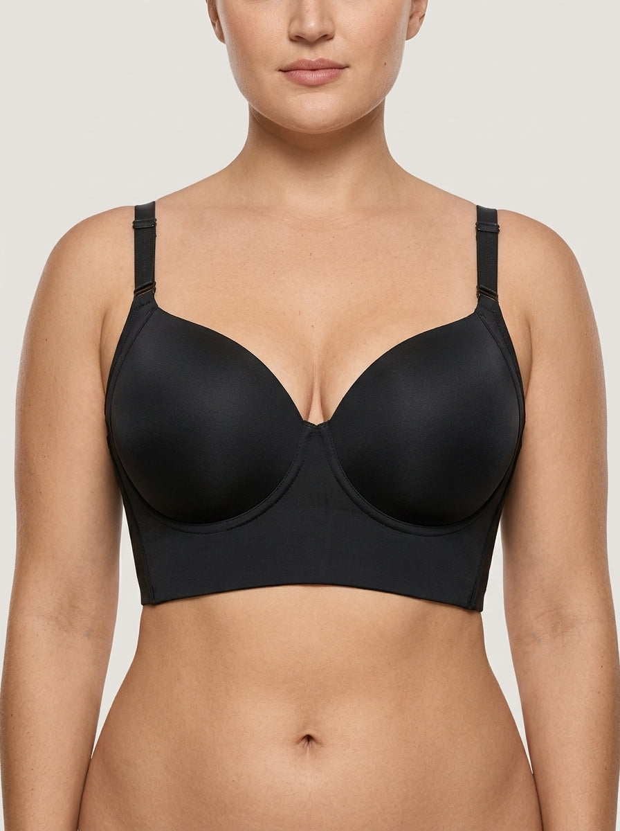Black back smoothing underwire push-up bra, front view — REF2 Black