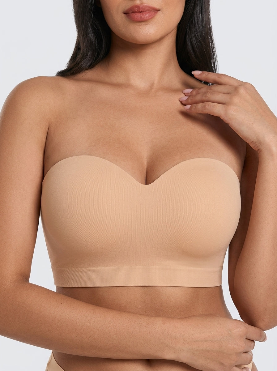 Beige stay-put strapless bra, front view — REF33 Beige