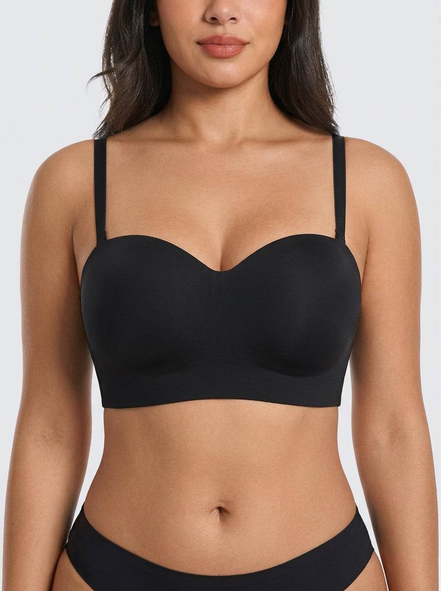 Black stay-put strapless bra, front view — REF33 Black