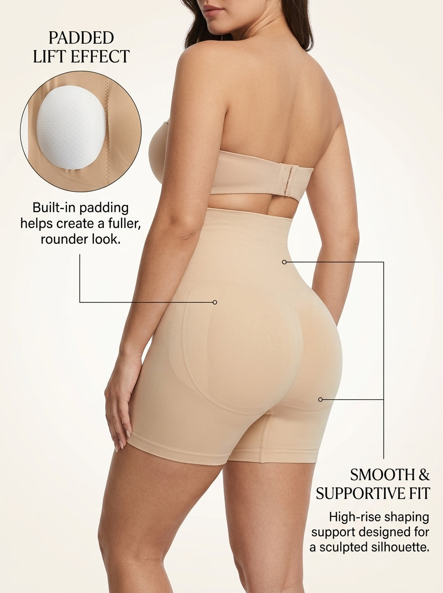 Beige high-waisted butt enhancer padded shaping shorts infographic showing padded lift effect and supportive fit — REF34 Beige