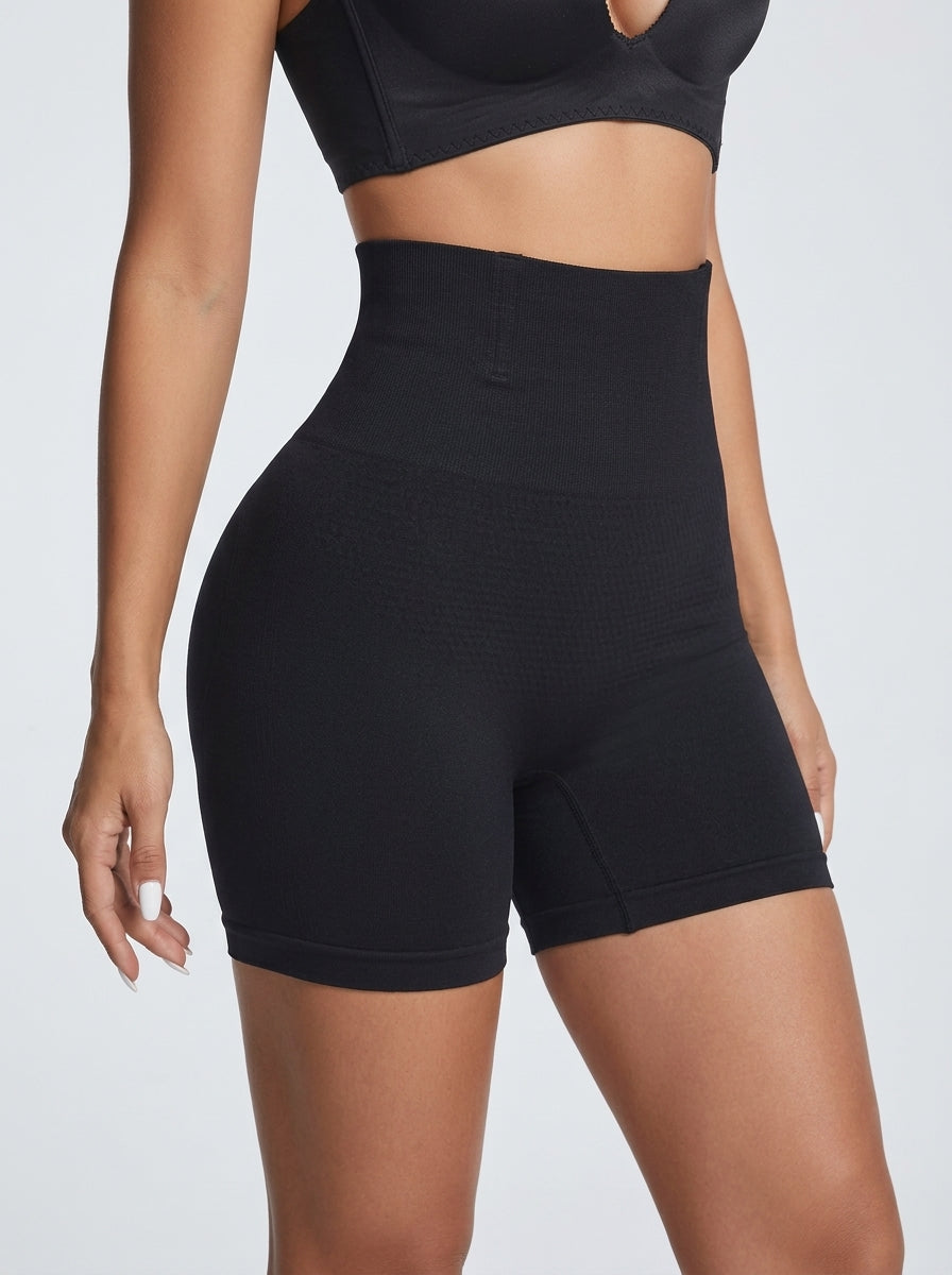 Black high-waisted butt enhancer padded shaping shorts, front view — REF34 Black