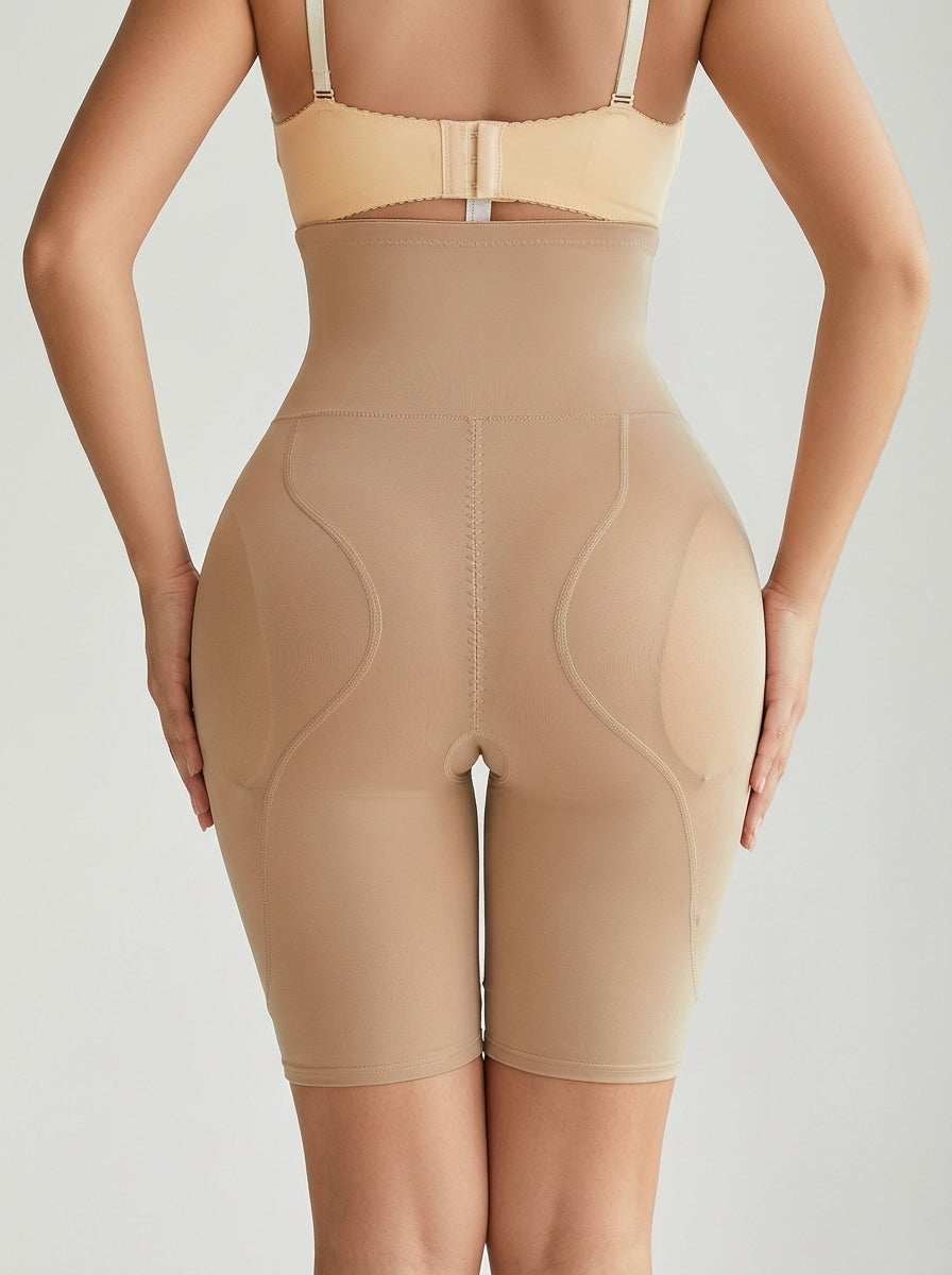 Beige high-waisted hip enhancer shaping shorts, back view — REF36 Beige