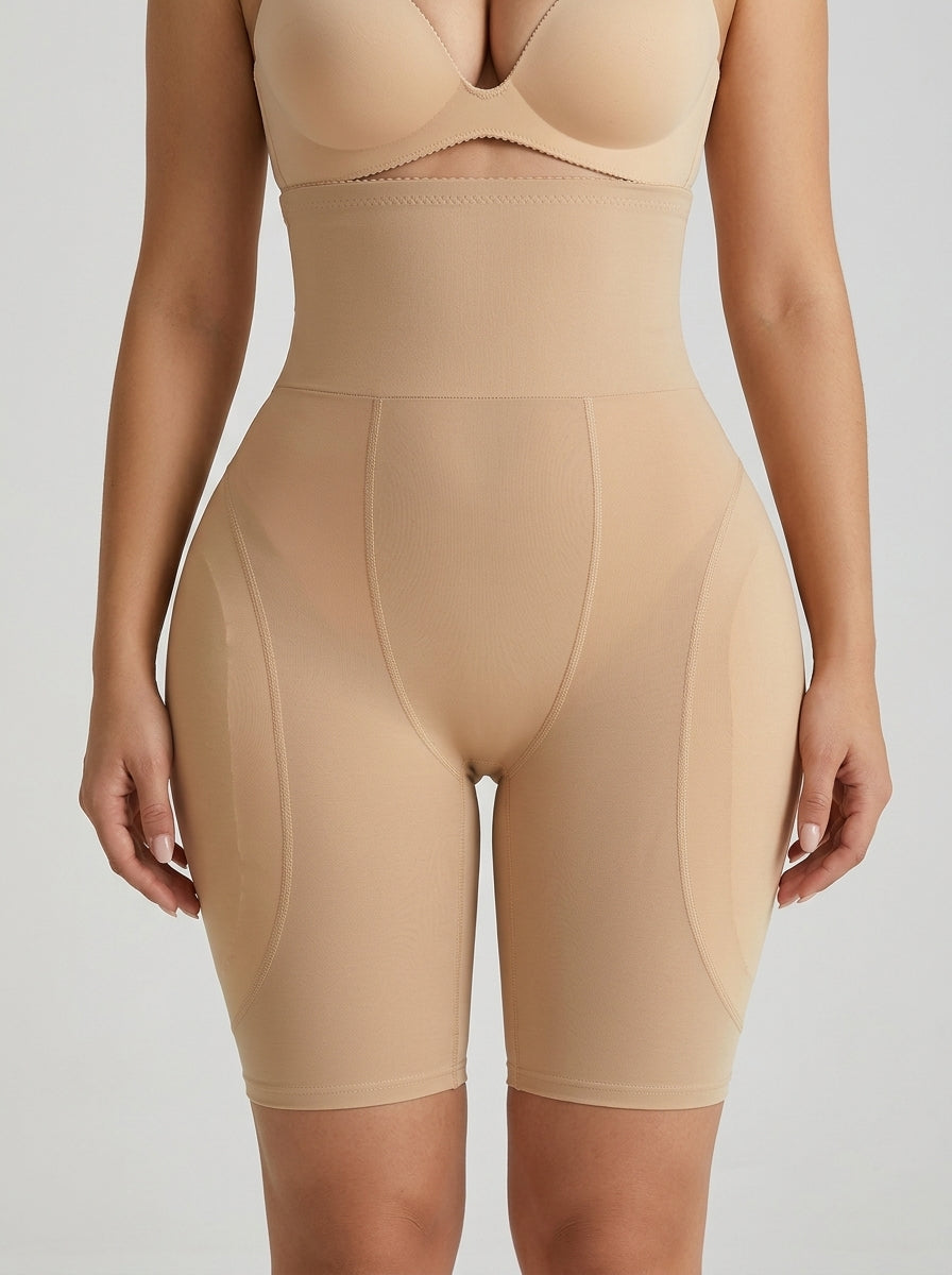 Beige high-waisted hip enhancer shaping shorts, front view — REF36 Beige