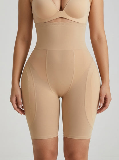 Beige high-waisted hip enhancer shaping shorts, front view — REF36 Beige