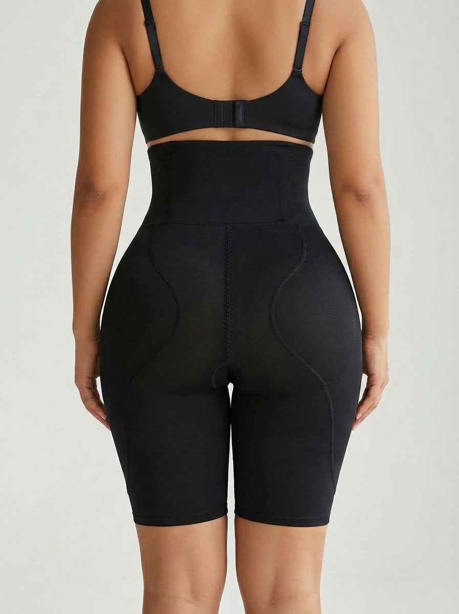Black high-waisted hip enhancer shaping shorts, back view — REF36 Black