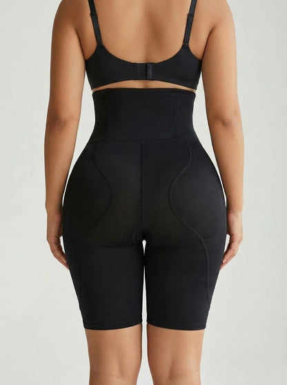 Black high-waisted hip enhancer shaping shorts, back view — REF36 Black