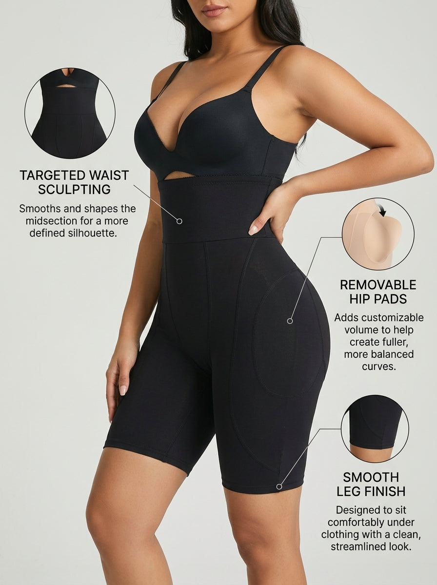 Black hip enhancer shaping shorts feature infographic showing waist sculpting, removable hip pads and smooth leg finish — REF36 Black