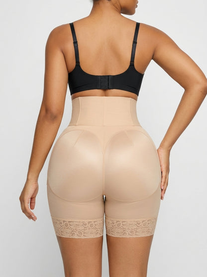 Beige boned sculpt high-waisted short, back view — REF46 Beige
