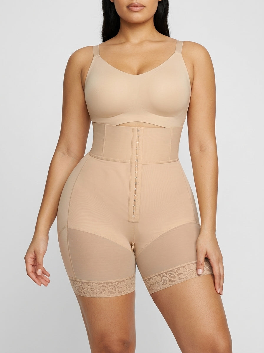 Beige boned sculpt high-waisted short, front view — REF46 Beige