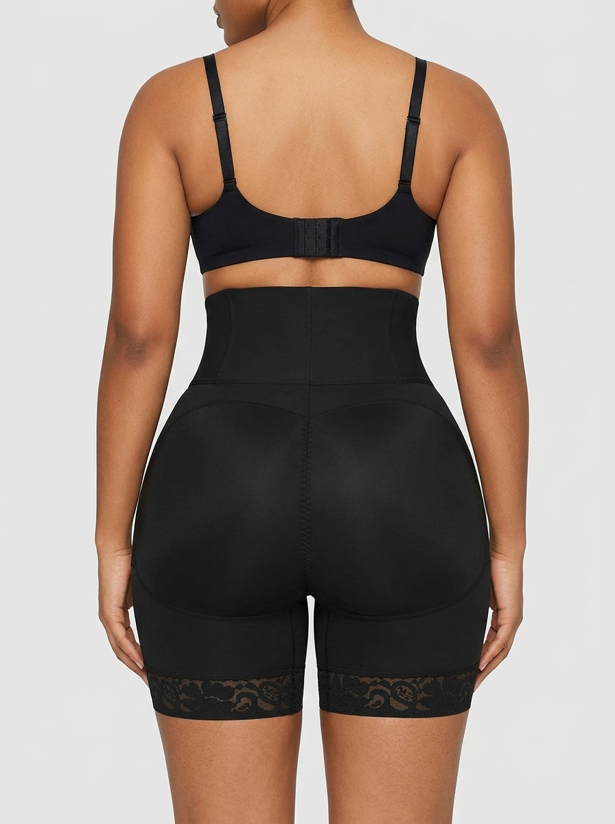 Black boned sculpt high-waisted short, back view — REF46 Black