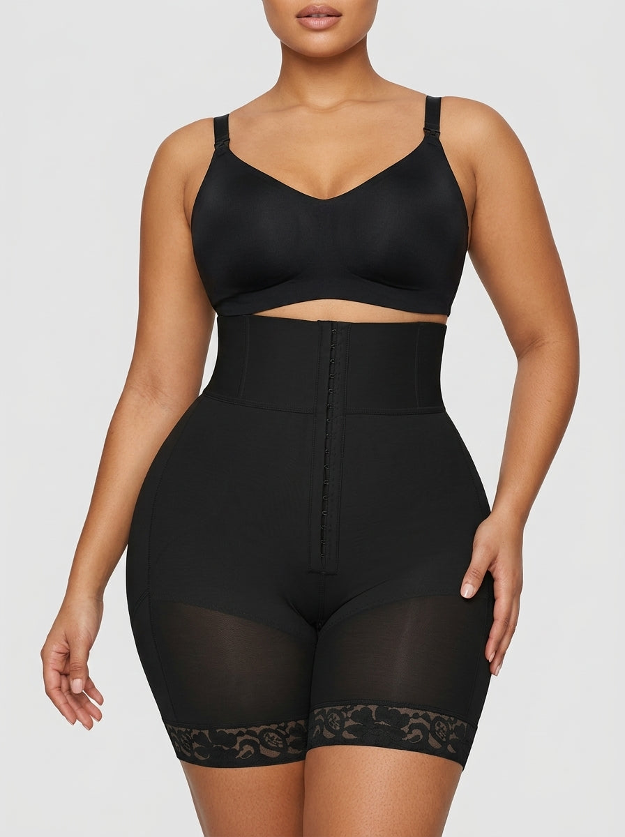 Black boned sculpt high-waisted short, front view — REF46 Black
