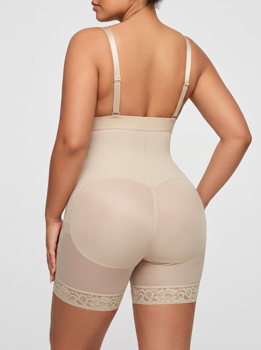 Beige firm tummy compression shaping short, back view — REF47 Beige