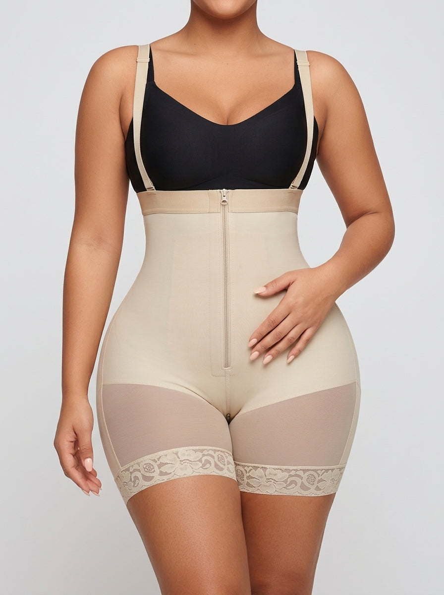 Beige firm tummy compression shaping short, front view — REF47 Beige