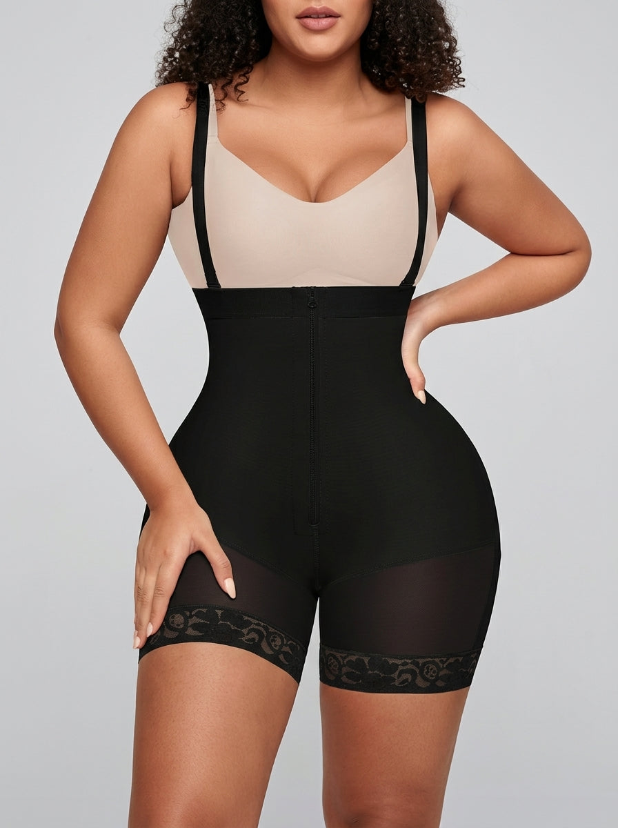 Black firm tummy compression shaping short, front view — REF47 Black