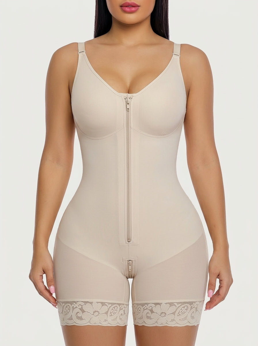 Beige full coverage shaping bodysuit with front zip and lace hem — REF48 Beige