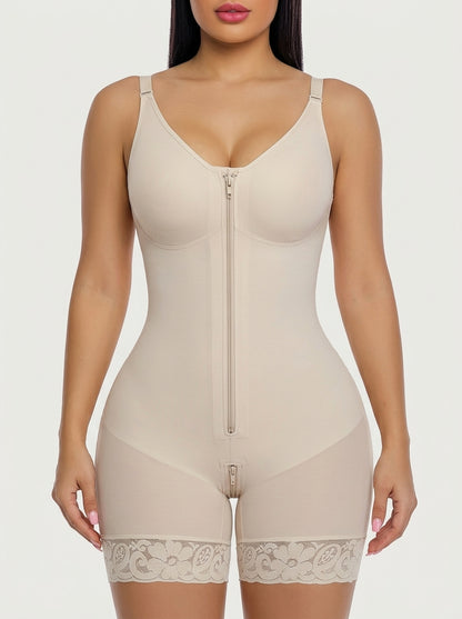 Beige full coverage shaping bodysuit with front zip and lace hem — REF48 Beige
