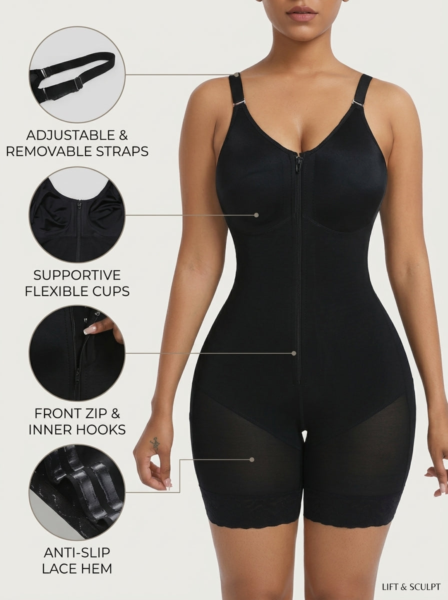 Black full coverage shaping bodysuit feature infographic with adjustable straps, flexible cups, front zip and anti-slip lace hem — REF48 Black