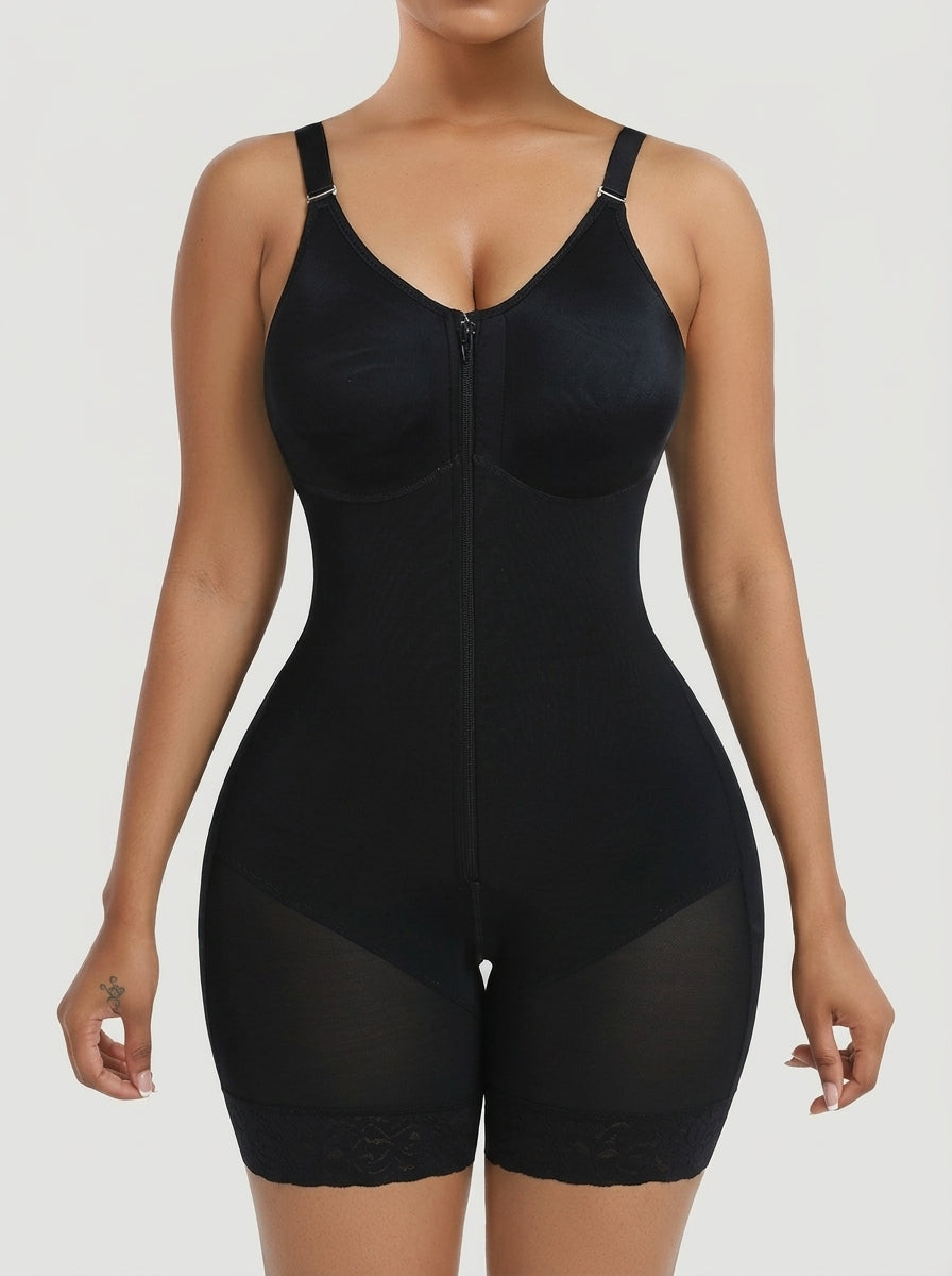 Black full coverage shaping bodysuit with front zip and lace hem — REF48 Black
