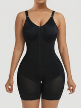 Black full coverage shaping bodysuit with front zip and lace hem — REF48 Black
