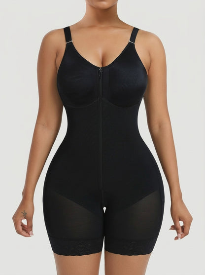 Black full coverage shaping bodysuit with front zip and lace hem — REF48 Black