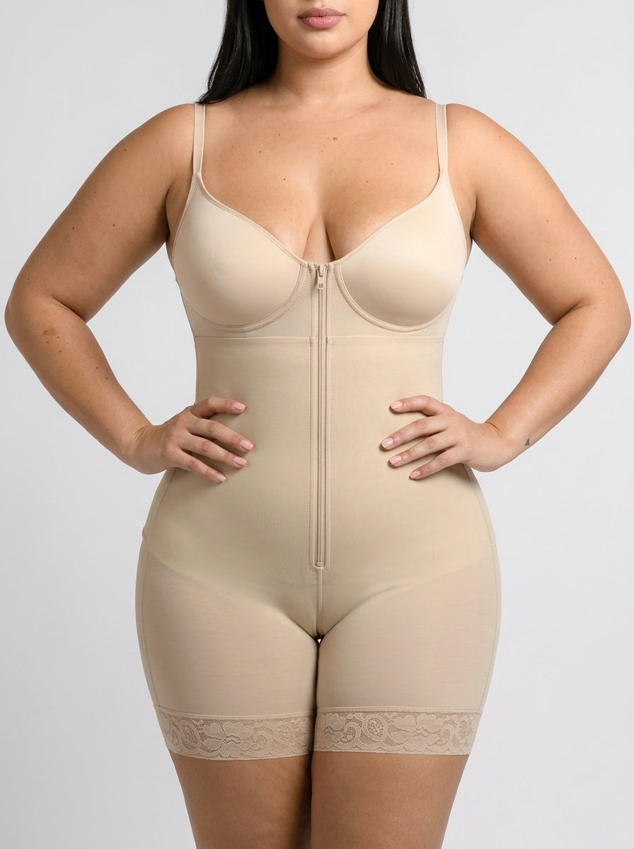 Beige hourglass full-body mid-thigh bodysuit, front view — REF5 Beige