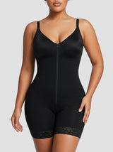 Black hourglass full-body mid-thigh bodysuit, front view — REF5 Black