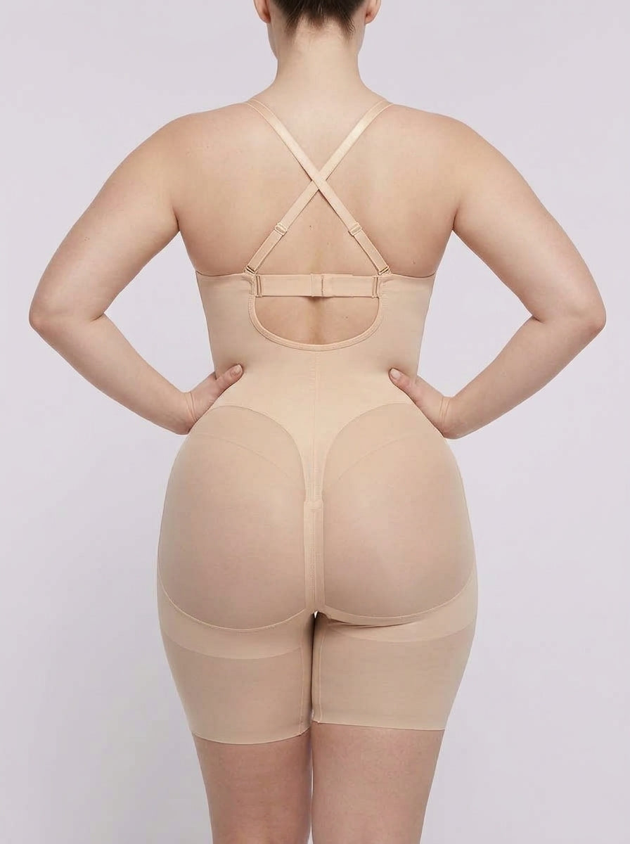 Beige deep plunge shaping bodysuit, back view — REF57 Beige