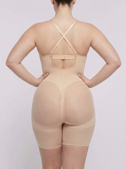 Beige deep plunge shaping bodysuit, back view — REF57 Beige